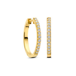 Deze creolen van het merk Minioro zijn gemaakt van 14 karaat goud. Deze zijn ingelegd met prachtige diamanten.