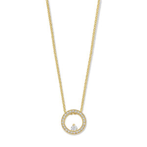 Deze ketting van Minioro is van 14 karaat goud. De ketting is afgewerkt met prachtige diamanten en een grote diamant in het midden.