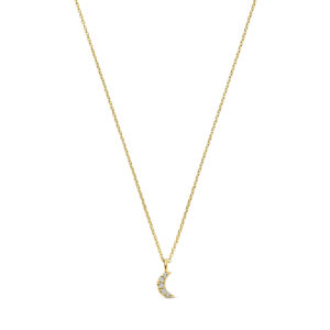Deze ketting van Minioro is van 14 karaat goud. De ketting is in de vorm van een maan en er zitten prachtige diamant in verwerkt.