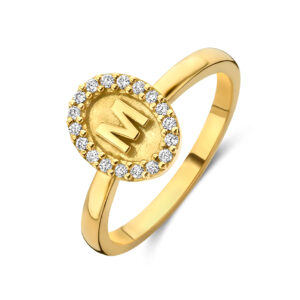Deze ring van Minioro is van 14 karaat goud. De ring heeft een initiaal en er zitten prachtige diamant in verwerkt.