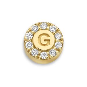 Deze14 karaats gouden bedel van het merk Minioro is ingelegd met prachtige diamanten. Deze bedel kan je personaliseren met een initiaal of vormpje. Perfect om aan een ketting of armband te hangen.