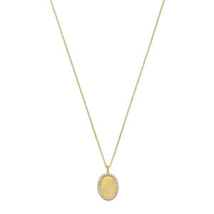 Deze ketting van het merk Minioro is gemaakt van 14 karaats goud en heeft een grotere hanger waarin een vingerafdruk of gravering kan worden verwerkt. Omringd door fonkelende diamanten is dit een elegant en persoonlijk aandenken vol betekenis.