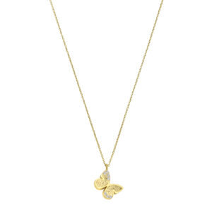 Deze ketting met vlinderbedel van het merk Minioro is gemaakt van 14 karaats goud en heeft een hanger waarin een vingerafdruk kan worden verwerkt. Zodat dit een elegant en persoonlijk aandenken vol betekenis is. Afgewerkt met prachtige diamanten.