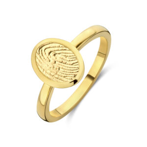 Deze ring van het merk Minioro bestaat uit 14 karaats goud en heeft een bedel waarin een vingerafdruk of gravering kan worden gezet. Zo ontstaat een elegant en persoonlijk aandenken vol betekenis.