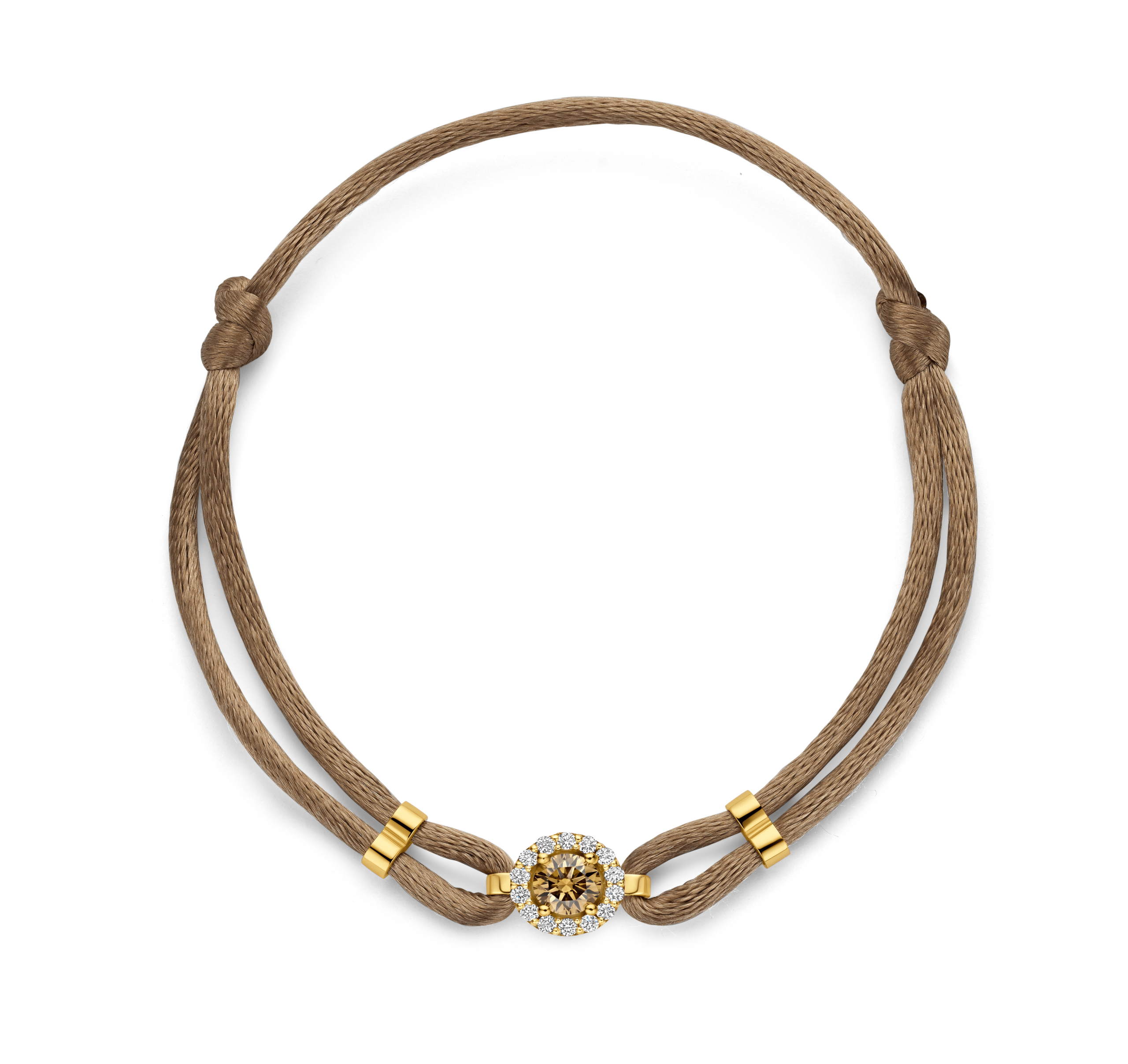 14 karaats goud satijnen armband met bruine diamant en halo 0.32 ct