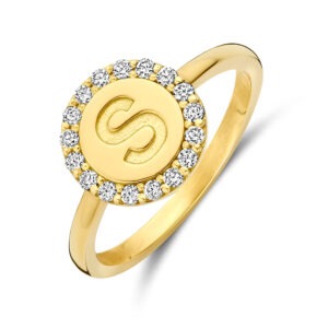 14 karaats gouden halo ring met initiaal en diamanten 0.17 ct