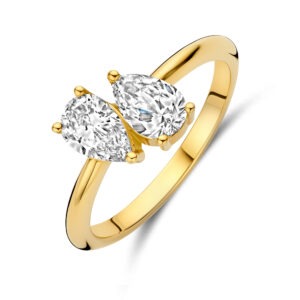 14 karaats gouden toi et moi ring met twee peer diamanten in totaal 1.00 ct