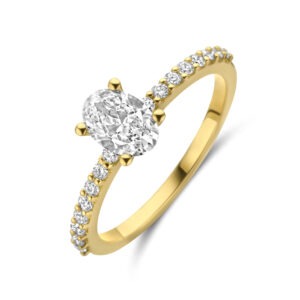 14 karaats gouden ring met ovale diamant en pavé band