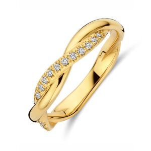 14 karaats gouden gevlochten ring met diamanten 0.17 ct