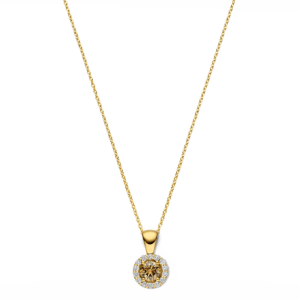 14 karaats goud ketting met bruine diamant en halo 0.32 ct