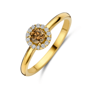 14 karaats goud ring met bruine diamant en halo 0.32 ct