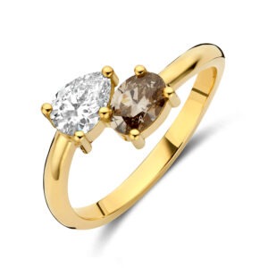 14 karaats gouden ring met bruine diamant en 1.00 ct diamanten