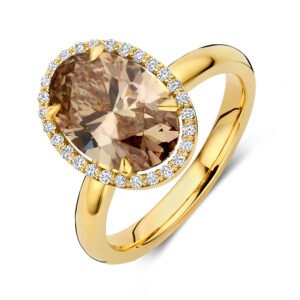 14 karaats gouden ring met bruine diamant 3.145 ct en halo zetting